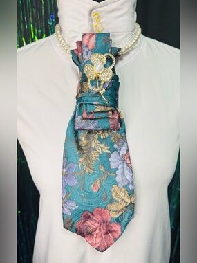 Green Floral Necktie with Gold Flower Brooch